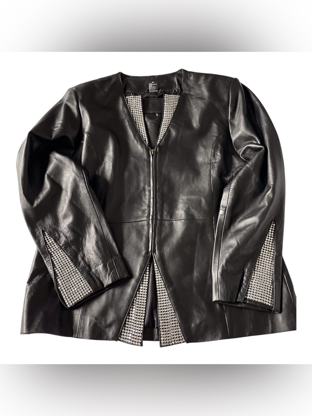 Women's Black Genuine Leather Jacket With Rhinestones,XL - Picture 6 of 12